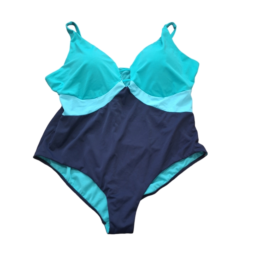 NEW Swimsuits For All Color Block V-Neck Blue One Piece Swimsuit, Sz 26